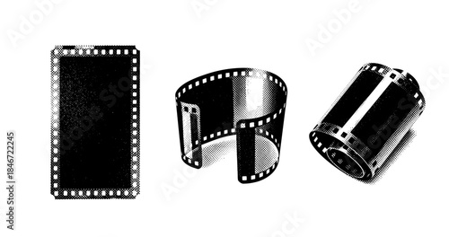 Vintage film negatives and roll canister black and white illustration