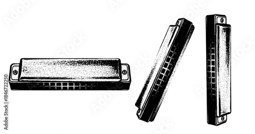 Vintage harmonica collection: black and white musical instruments illustration