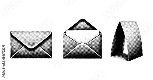 Set of halftone envelopes: closed, open, and triangular designs in black and white