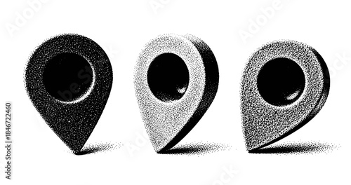 Three 3d location pins with dot patterns on white background