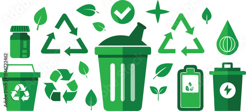Set of green icons representing recycling, sustainability, and eco-friendly practices