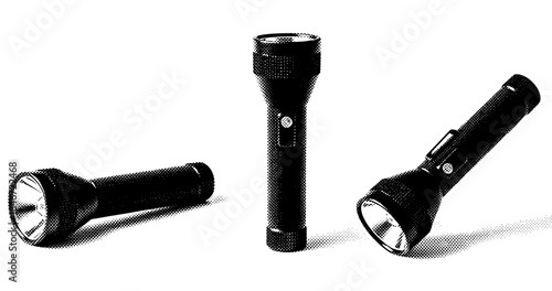 Three black flashlights in various positions on white background
