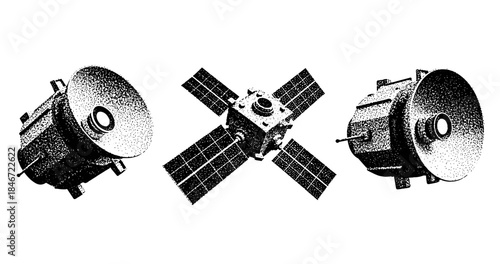 Black and white retro space satellites with solar panels