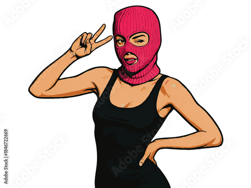 woman in a pink balaclava and black dress, sitting with a composed yet intense expression. Generative ai vector colorful pop art illustration.