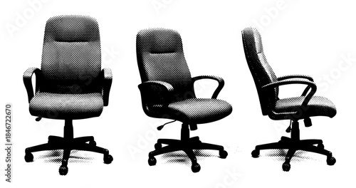 Set of three black office chairs in different angles on white background
