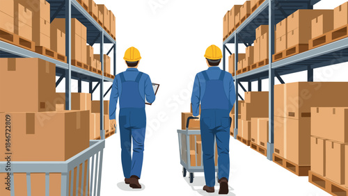 Two warehouse workers are inspecting inventory and moving goods with a cart between high shelves filled with cardboard boxes.