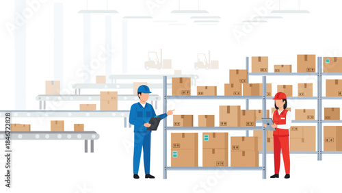 Warehouse workers are inspecting and managing inventory on a conveyor belt and shelving system in a large distribution center.