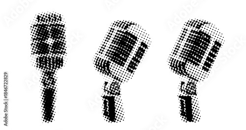 Halftone vintage microphones in retro pop art style
