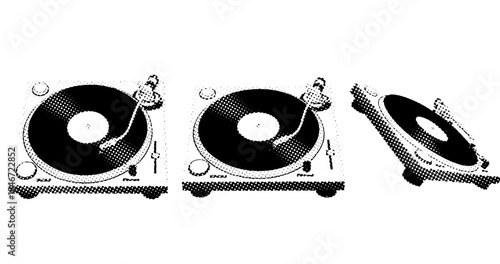 Retro black and white vinyl record players with halftone effect