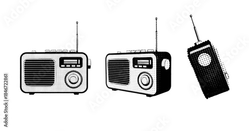 Retro portable radios in halftone style with antennas and dials