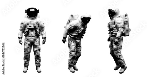 Halftone astronauts floating in space suits