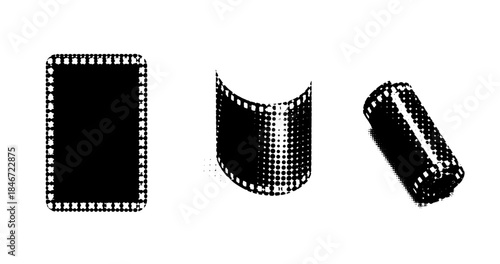 Set of three black and white halftone objects in various shapes