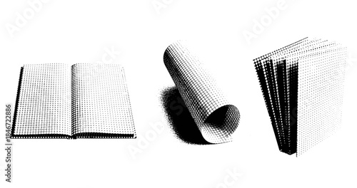 Abstract gridded objects on white background: open book, rolled cylinder, folded sheets
