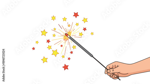 Hand holding a lit sparkler emitting bright yellow and red starbursts against a white background.