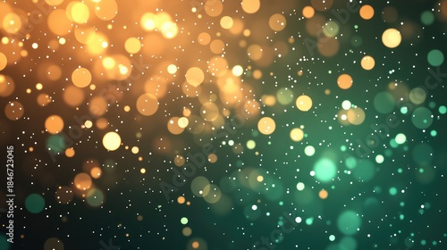 Defocused circular lights blending vibrant orange and teal colors, shimmering with small, sparkling particles, offering a dynamic and elegant backdrop for celebration or design