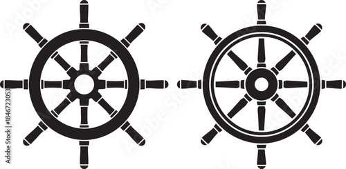 Set of two black and white ship steering wheels or helms icons