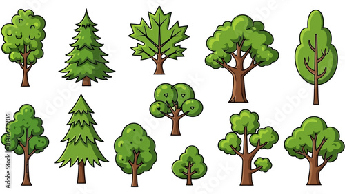 Set of various cartoon trees, stylized deciduous and coniferous illustrations for nature and environment design