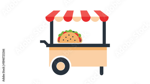 An illustrated depiction of a taco food cart with a red and white striped awning