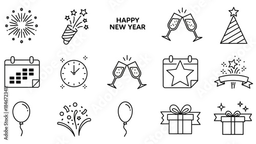 New year celebration icons set fireworks, champagne toast, party hat, calendar, clock, gifts, and balloons outline collection
