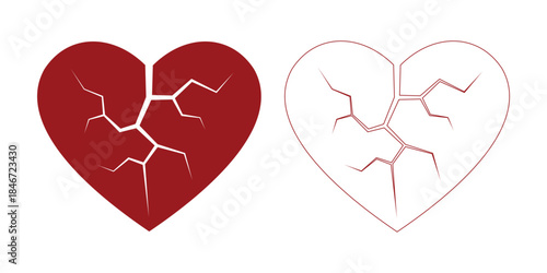 Vector illustration of a cracked heart icon in solid red and outline form. Symbolizes heartbreak, sadness, loss, or broken relationship.