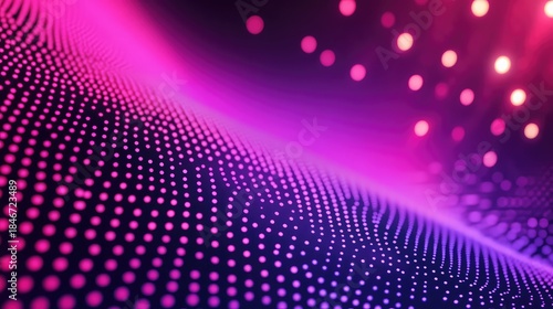 Luminous magenta and purple dots form a flowing digital wave and interconnected grid, evoking data flow, futuristic networking, and sleek technological visualization in motion