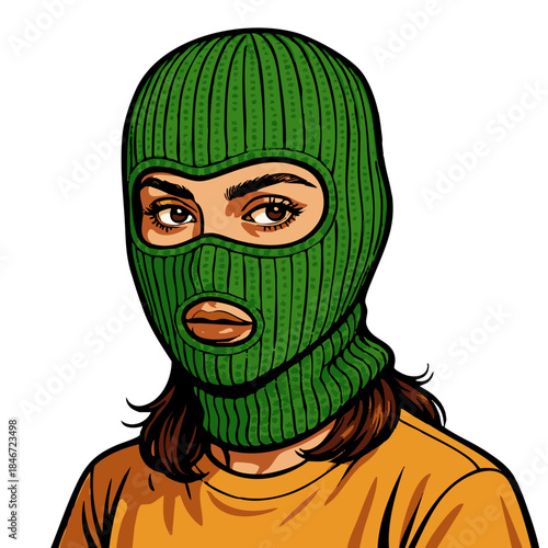 woman wearing a green knitted balaclava, looking forward with a serious, confident expression. Generative ai vector colorful pop art illustration.