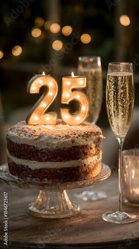 Celebrating 25th anniversary with cake and champagne