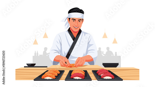 Smiling sushi chef meticulously prepares fresh nigiri at a counter with customers enjoying a meal in the background.