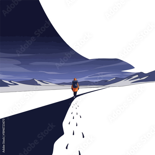 A lone traveler in an orange jacket walking on a snowy road with mountains in the background, set against a dark blue and white landscape. Perfect for travel, adventure, and winter sports