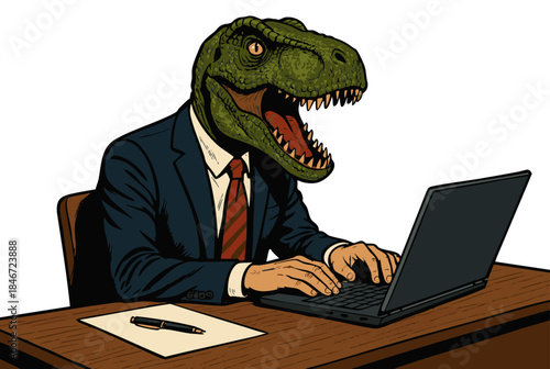 man in a suit with a dinosaur head, typing on a laptop at a desk, in comic style. Generative ai vector colorful pop art illustration.