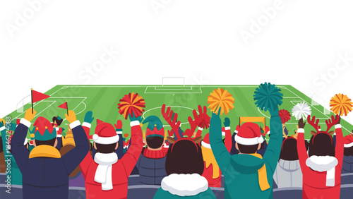 Festive crowd cheers enthusiastically at a soccer game, wearing santa hats and reindeer antlers for a joyful holiday sporting event.