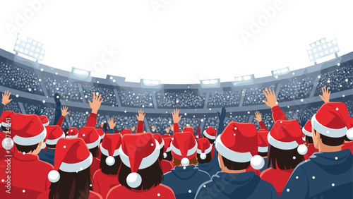 Crowd of fans wearing santa hats cheer at a winter sporting event in a packed stadium.