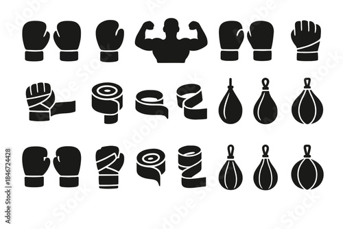 Boxing equipment and training icons: gloves, wraps, punching bags, and flexed muscles