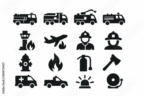 Firefighting equipment icons: fire truck, hydrant, helmet, extinguisher, axe, siren