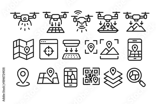 Drone and gps icons set for mapping and navigation