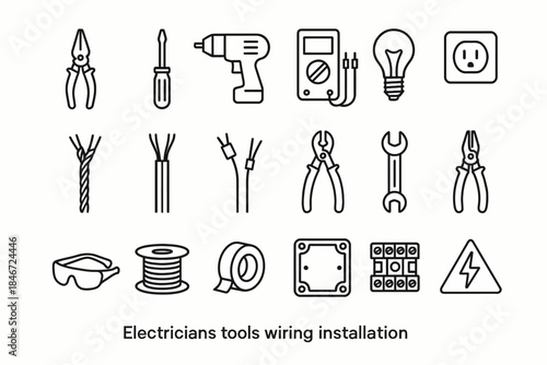 Electrician tools for wiring installation: pliers, screwdriver, drill, wire stripper, safety gear