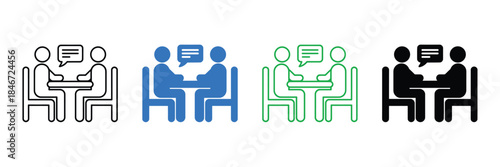 People communicating in various office settings and colors