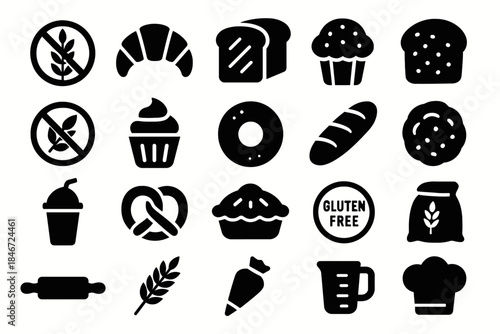Gluten-free bakery icon set: bread, sweets, and baking essentials