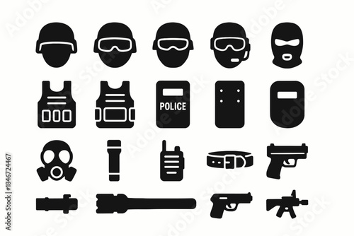Silhouette set of police and tactical gear icons