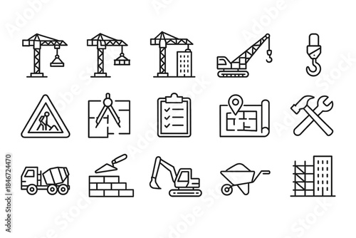 Construction icon set with cranes, tools, and building plans on white background