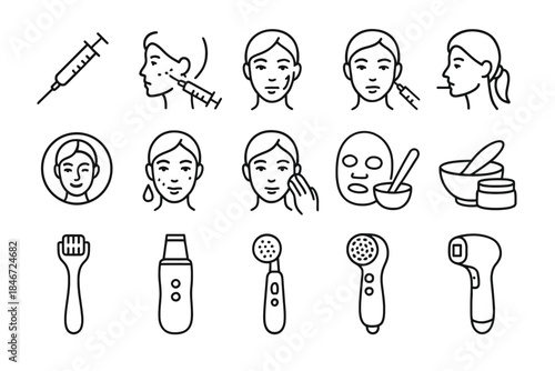 Line art icons of skincare tools and procedures for facial treatment