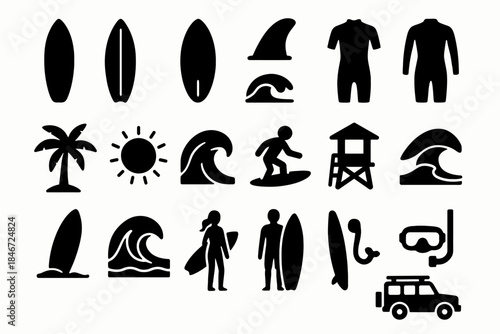 Surfing icons collection: boards, waves, suits, and beach elements