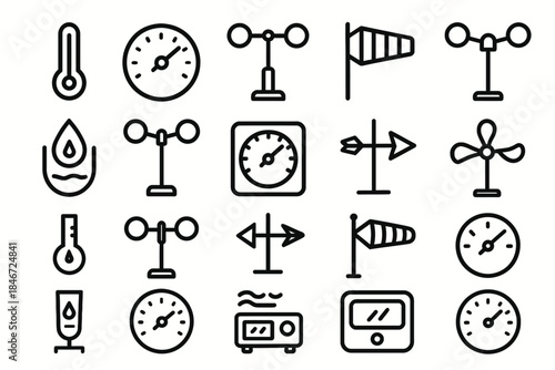 Weather instruments icons: thermometer, anemometer, barometer, hygrometer, wind vane