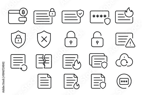 Set of secure file and data protection icons with locks and shields