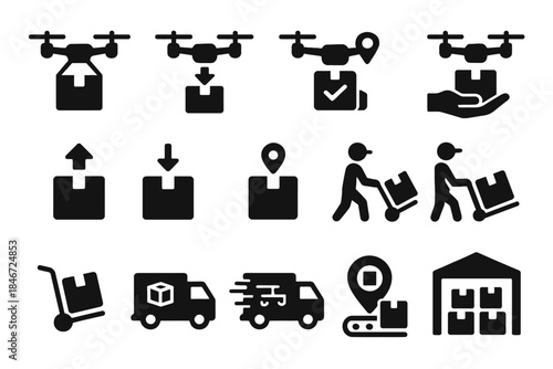 Icon set of delivery drones, packages, and logistics symbols