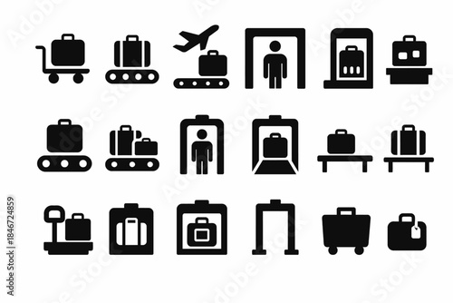Airport security and baggage screening icons set in black silhouette style