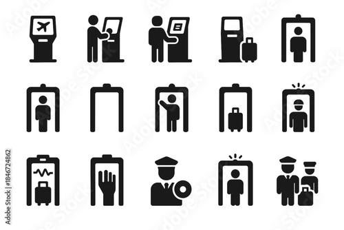 Airport security icons: check-in, scanning, patrol