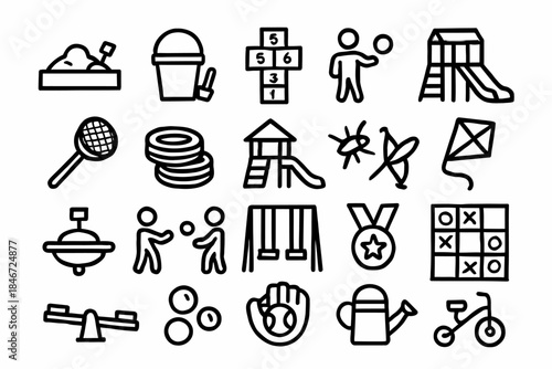 Collection of kids playground and outdoor toys icons in black and white