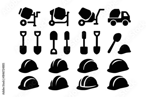 Construction equipment icons: mixers, shovels, helmets, trucks