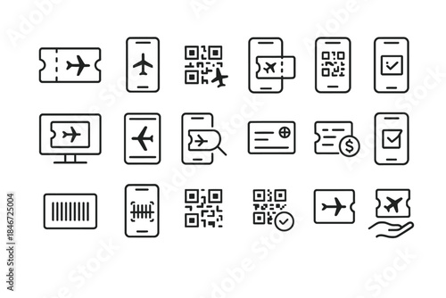 Airline ticket icons: qr codes, mobile boarding passes, and flight confirmation elements
